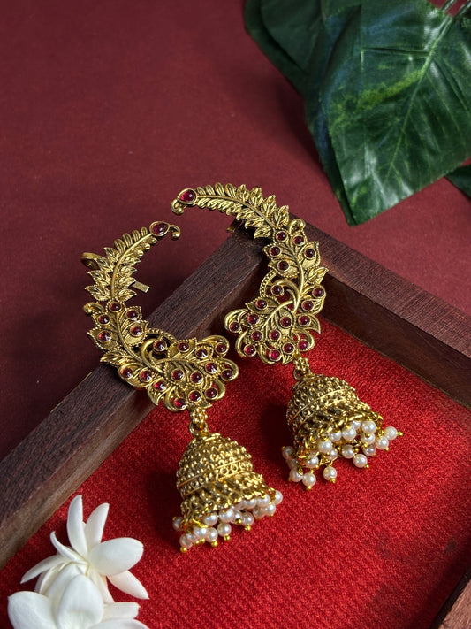 Majestic Peacock Temple Jhumkas with Red Stone & Pearl Detailing – Traditional South Indian Earrings