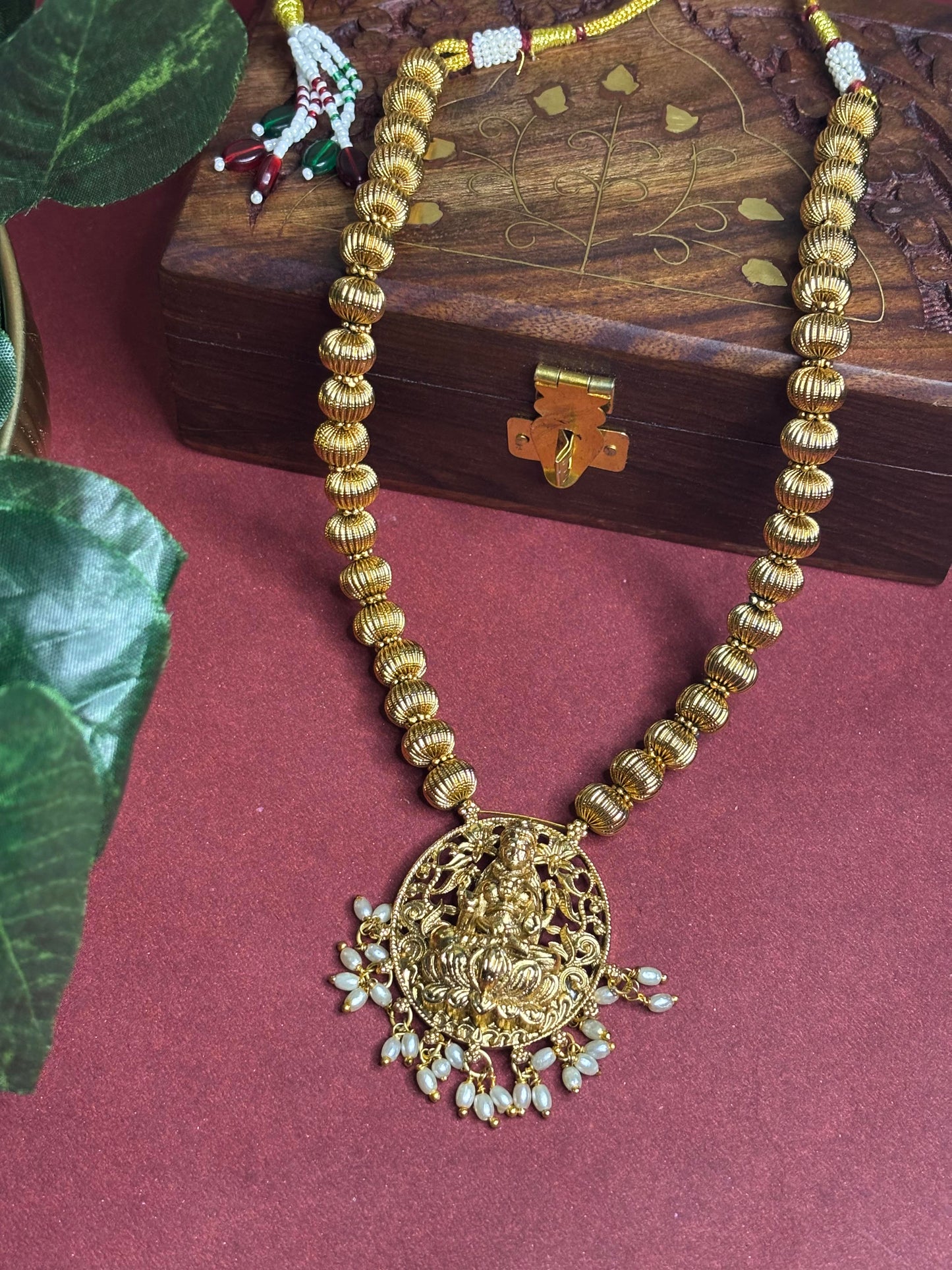 Divine Lakshmi Antique Long Haram – Temple Jewelry Necklace Set with Earing