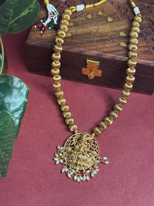 Divine Lakshmi Antique Long Haram – Temple Jewelry Necklace Set with Earing