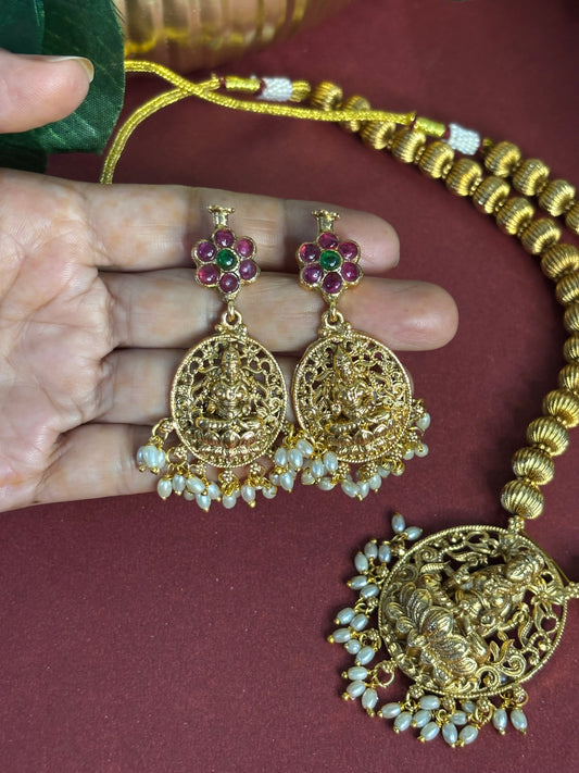Divine Lakshmi Antique Long Haram – Temple Jewelry Necklace Set with Earing