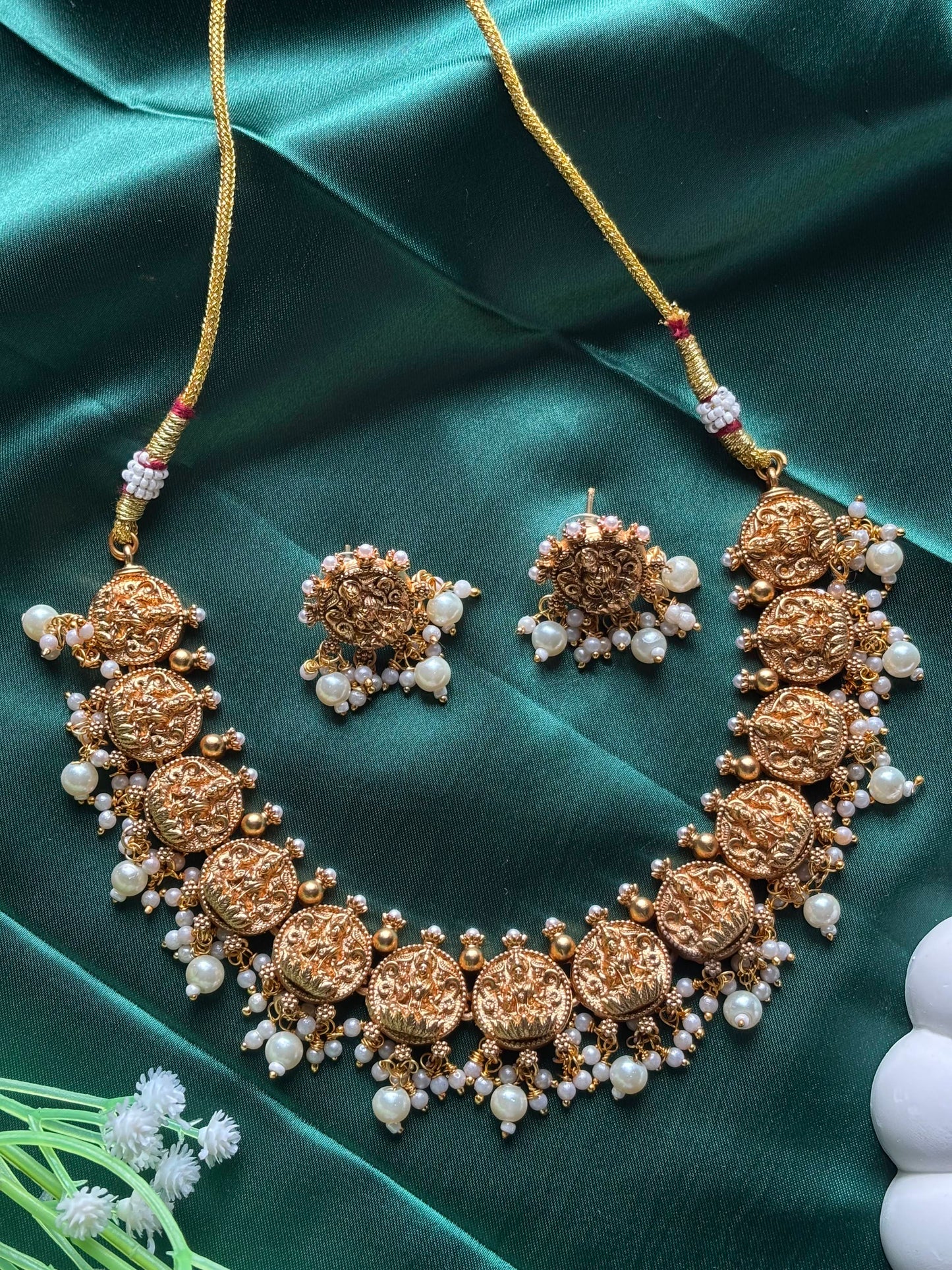 Gold Color Plated Goddess Lakshmi Necklace with White Pearls