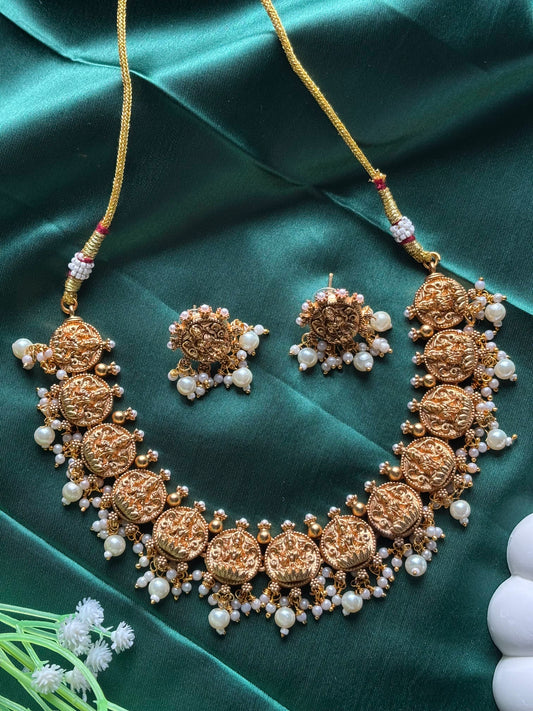 Gold Color Plated Goddess Lakshmi Necklace with White Pearls