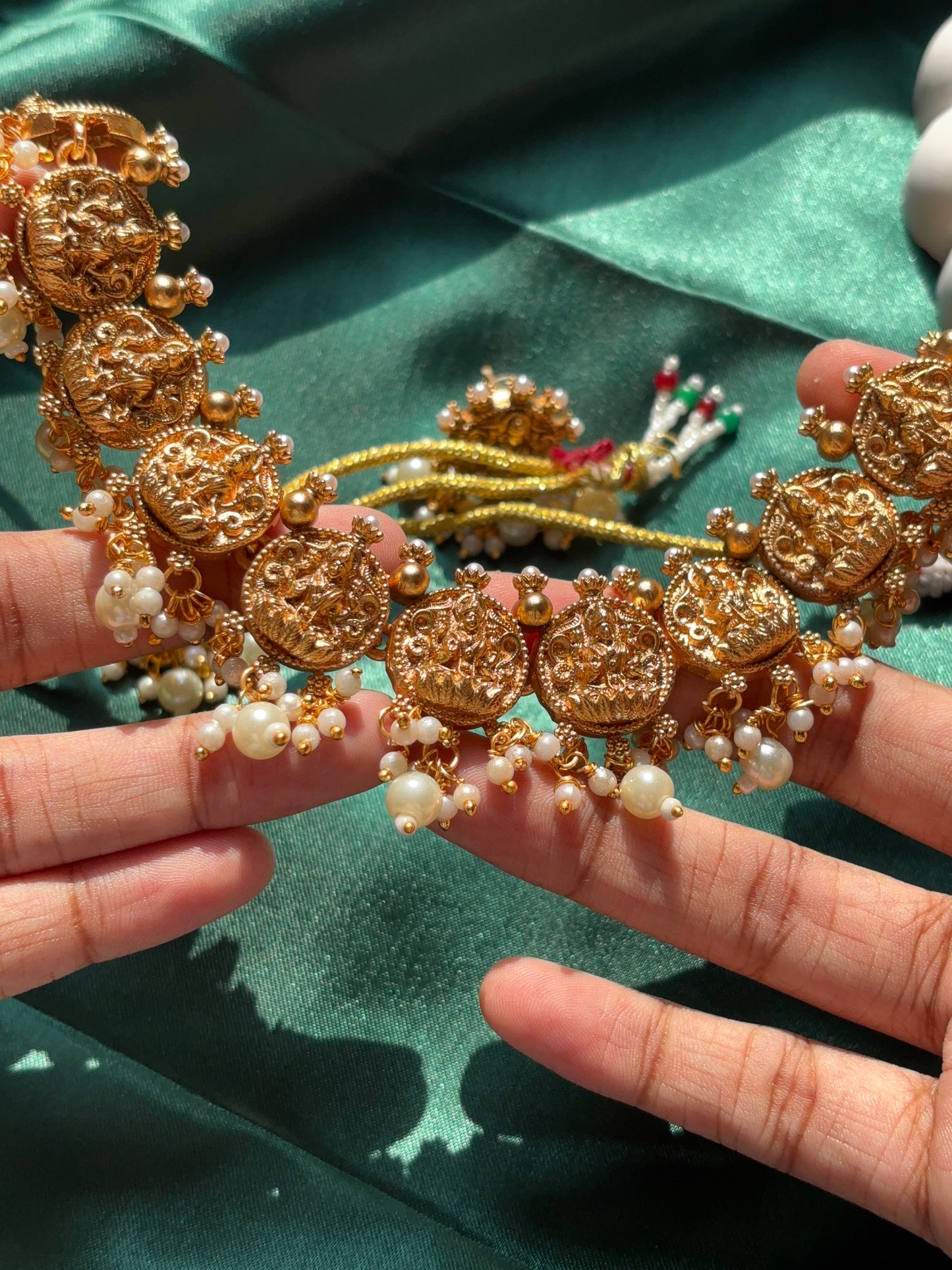 Gold Color Plated Goddess Lakshmi Necklace with White Pearls