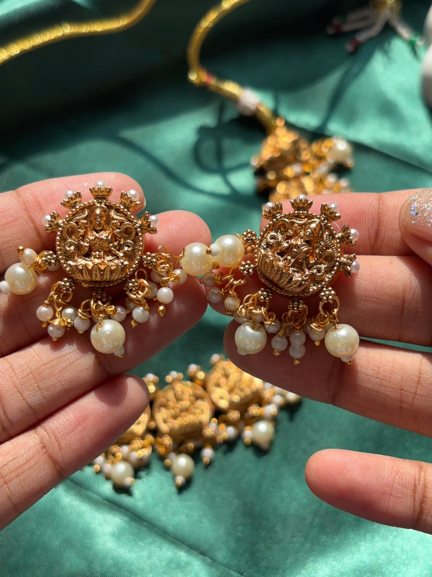Gold Color Plated Goddess Lakshmi Necklace with White Pearls