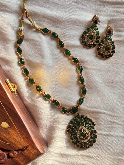 Jyothika-Inspired Polki Green Stone Haaram Set – Regal Bridal Necklace & Earrings