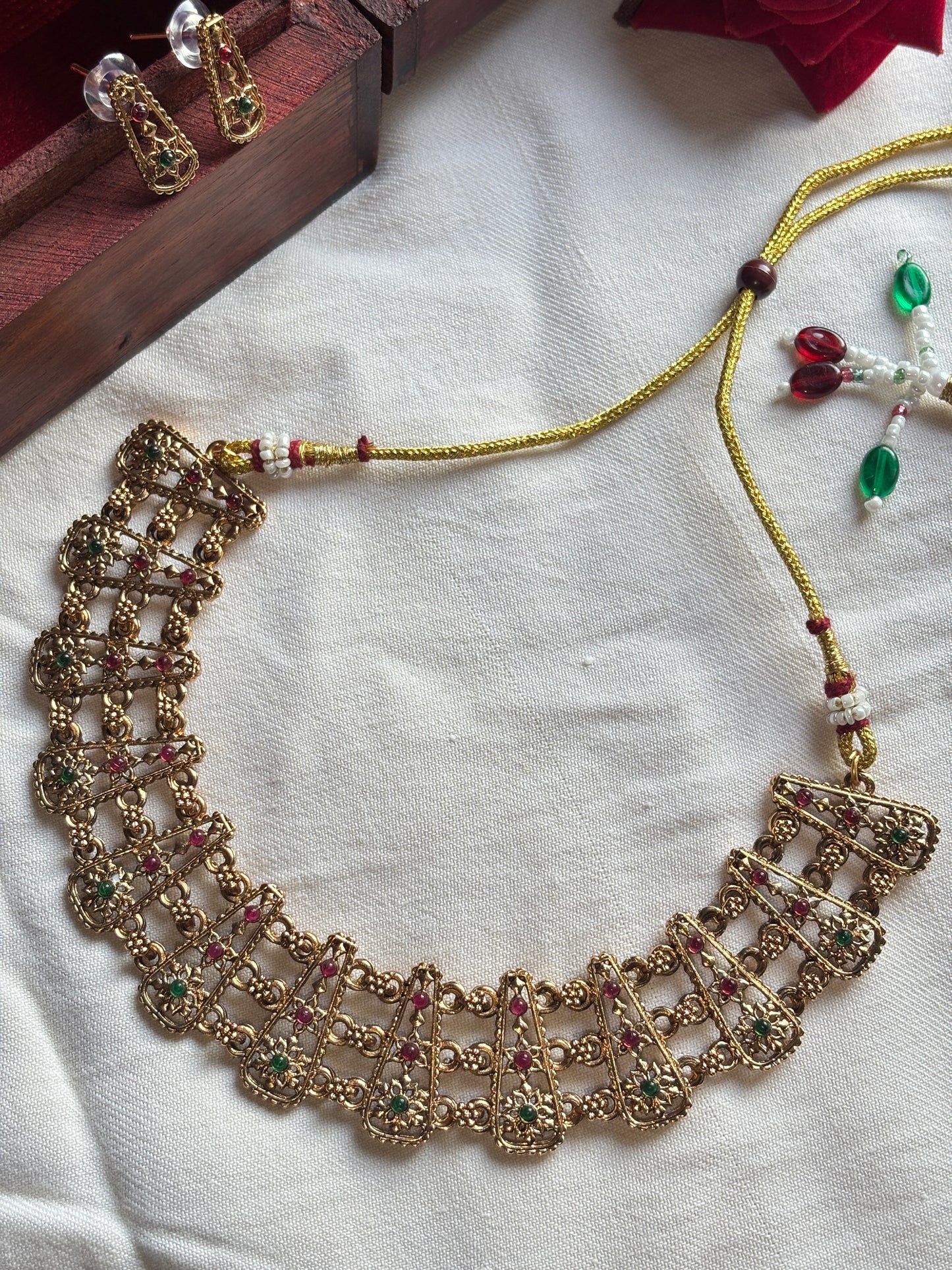 Dainty Ruby & Green Floral Golden Necklace Set | Traditional Temple Jewelry