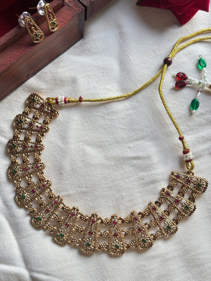 Dainty Ruby & Green Floral Golden Necklace Set | Traditional Temple Jewelry