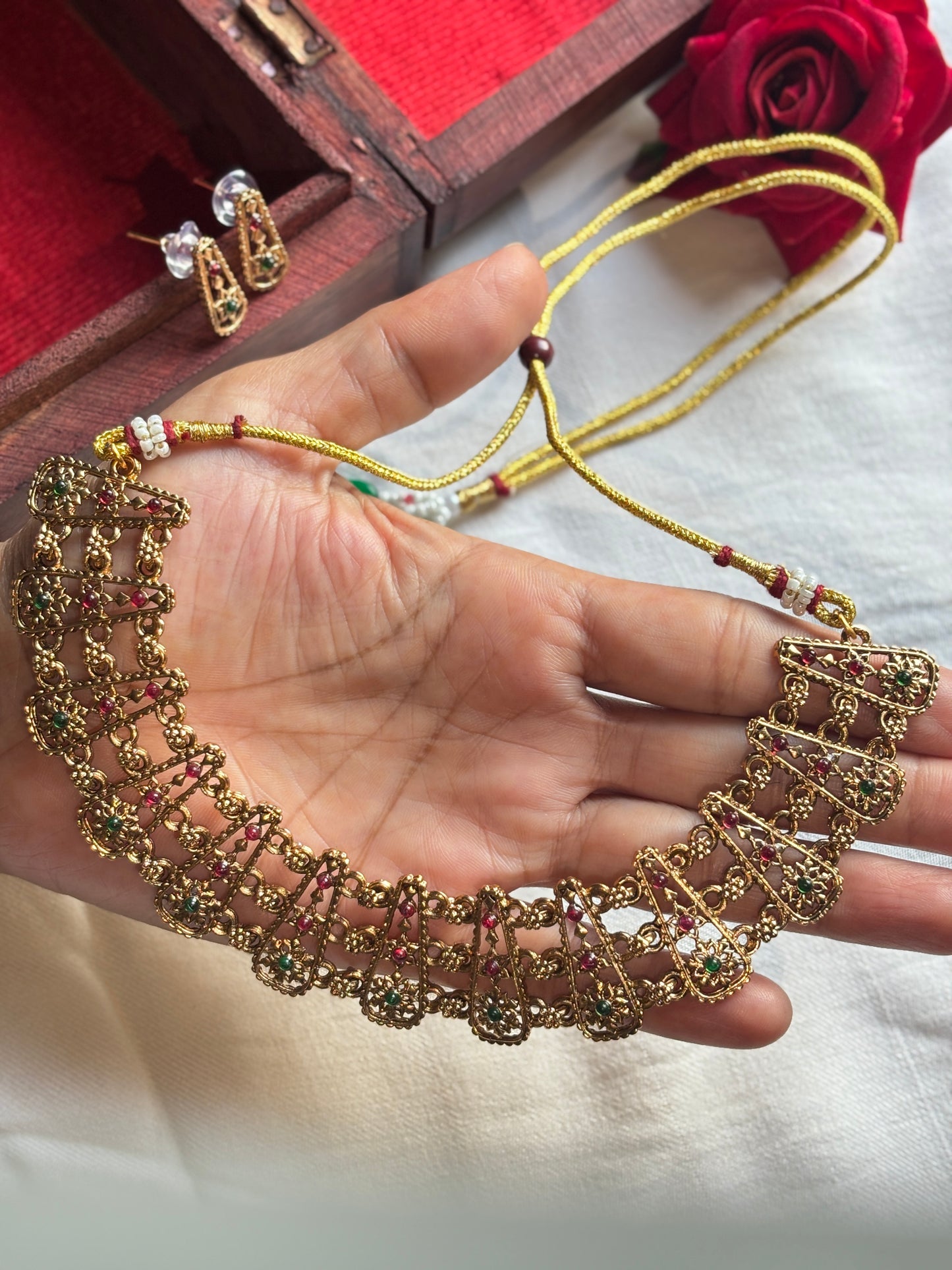 Dainty Ruby & Green Floral Golden Necklace Set | Traditional Temple Jewelry