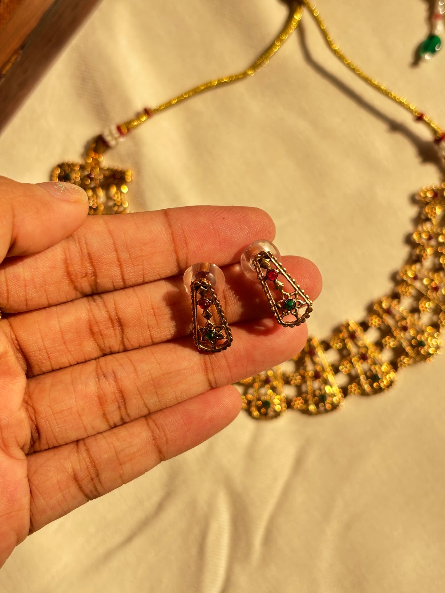 Dainty Ruby & Green Floral Golden Necklace Set | Traditional Temple Jewelry