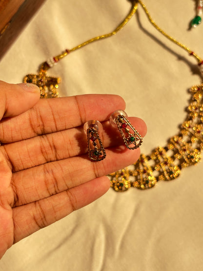 Dainty Ruby & Green Floral Golden Necklace Set | Traditional Temple Jewelry