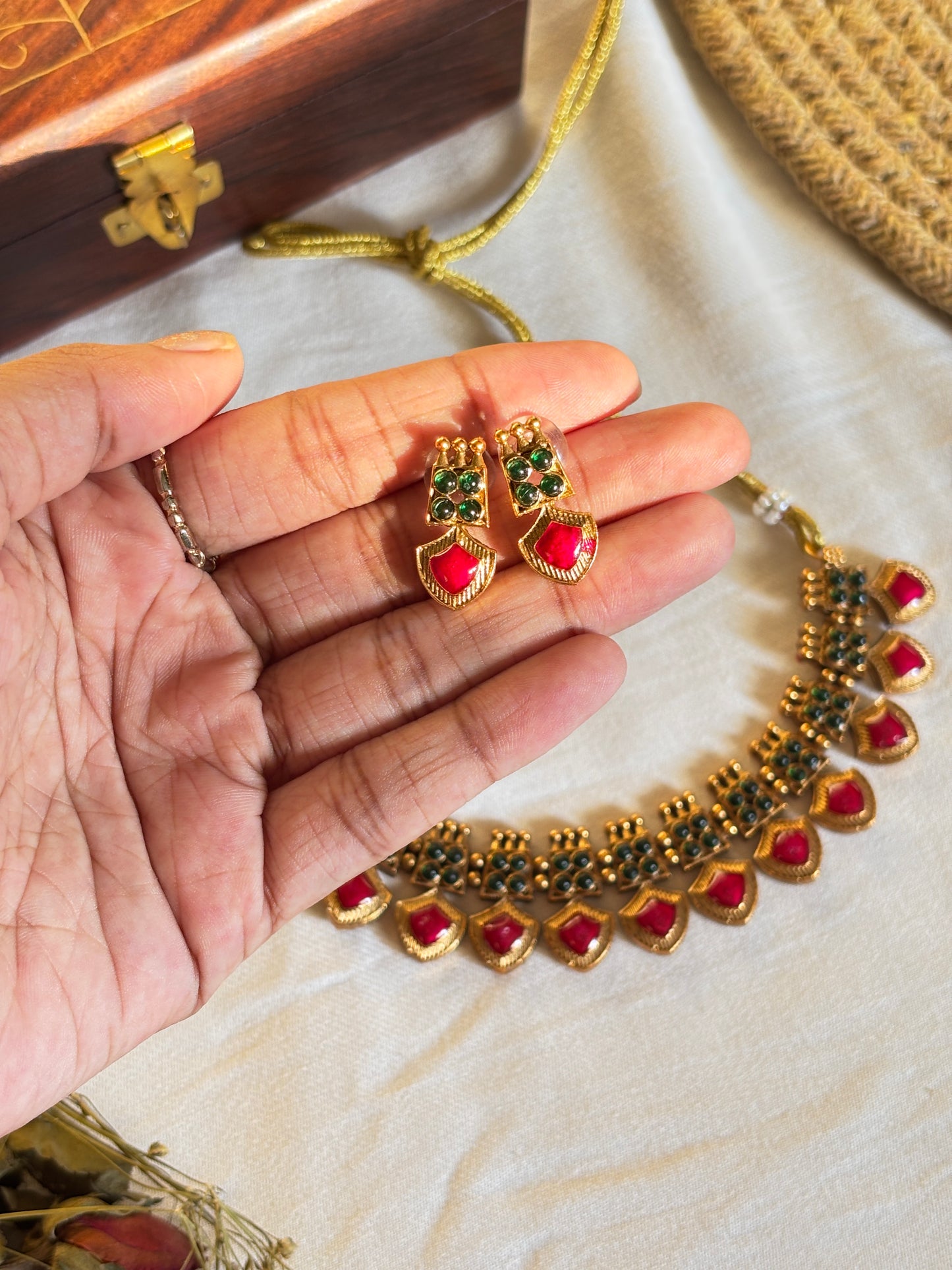 Royal Red & Emerald Temple Choker Necklace and Earing set
