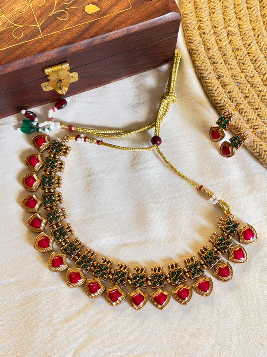 Royal Red & Emerald Temple Choker Necklace and Earing set