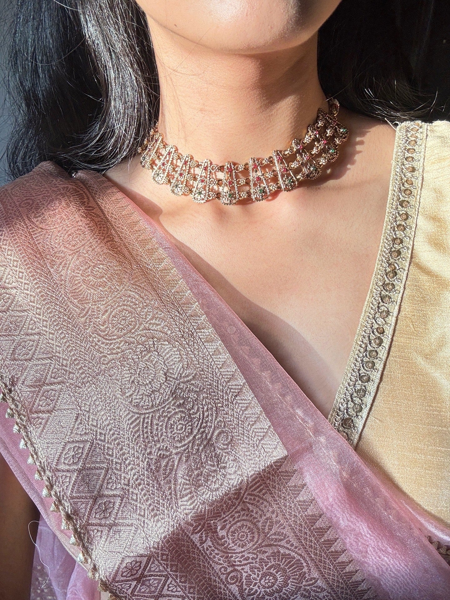 Dainty Ruby & Green Floral Golden Necklace Set | Traditional Temple Jewelry