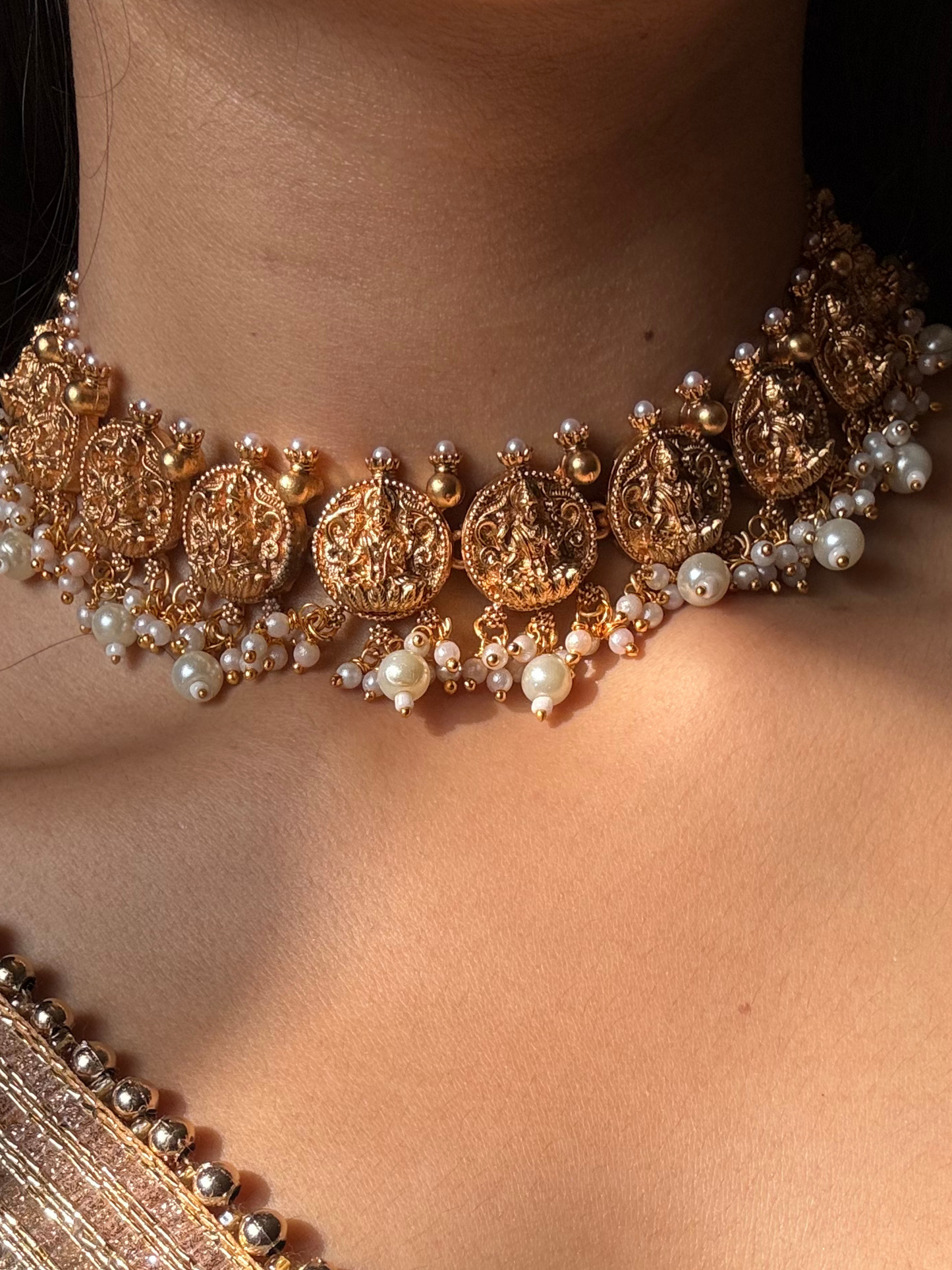 Gold Color Plated Goddess Lakshmi Necklace with White Pearls