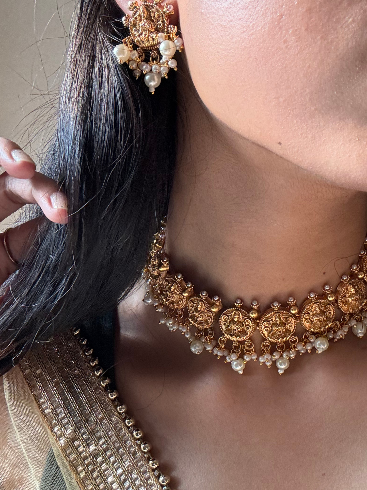 Gold Color Plated Goddess Lakshmi Necklace with White Pearls