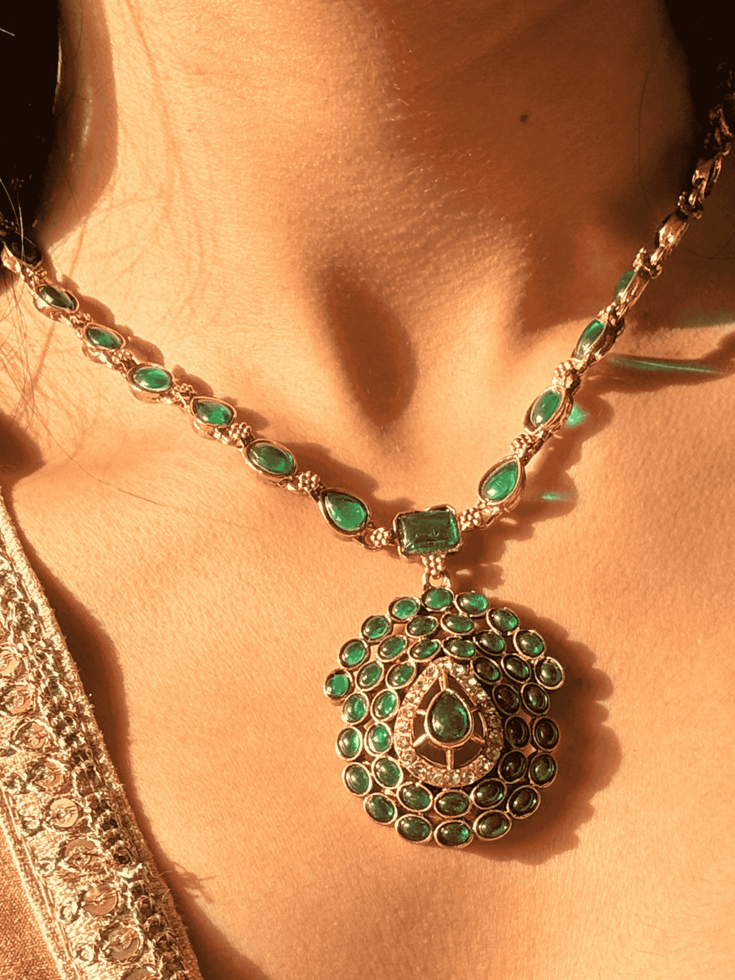 Jyothika-Inspired Polki Green Stone Haaram Set – Regal Bridal Necklace & Earrings