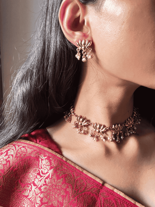 Golden Lotus Beaded Necklace & Earing set